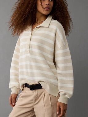 Striped Half-Button Pullover Sweater in Beige and White
